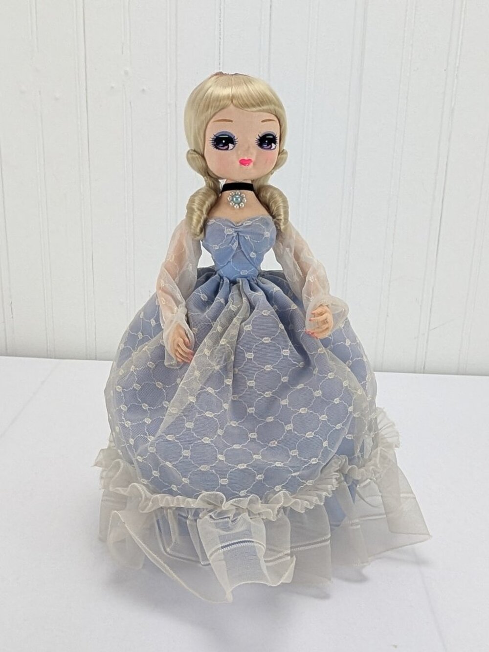 Vintage Bradley Big Eye Fabric Doll 10.5" Blonde Blue Eyes Saloon Girl No Hat